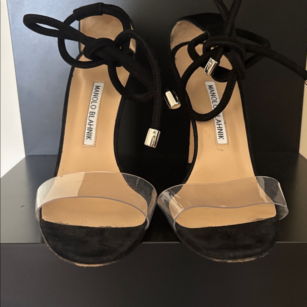 Manolo Blahnik Black Suede Clear-strap Lace Tie Sandals